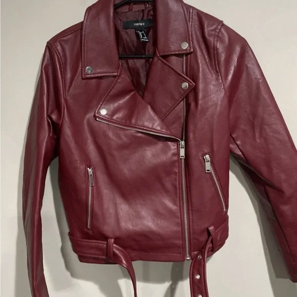 Forever 21 Wine Burgundy Leather Zip Up Moto Jacket - Picture 7 of 7